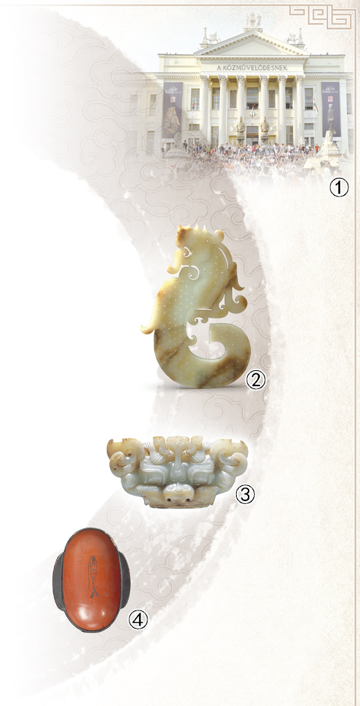 图①:展览开幕日的莫拉·弗朗茨博物馆。 图②:西汉龙形玉佩,徐州博物馆藏。 图③:西汉虎头形玉枕饰,徐州博物馆藏。 图④:西汉彩绘鱼纹漆耳杯,上海博物馆藏。 以上图片均由上海博物馆提供