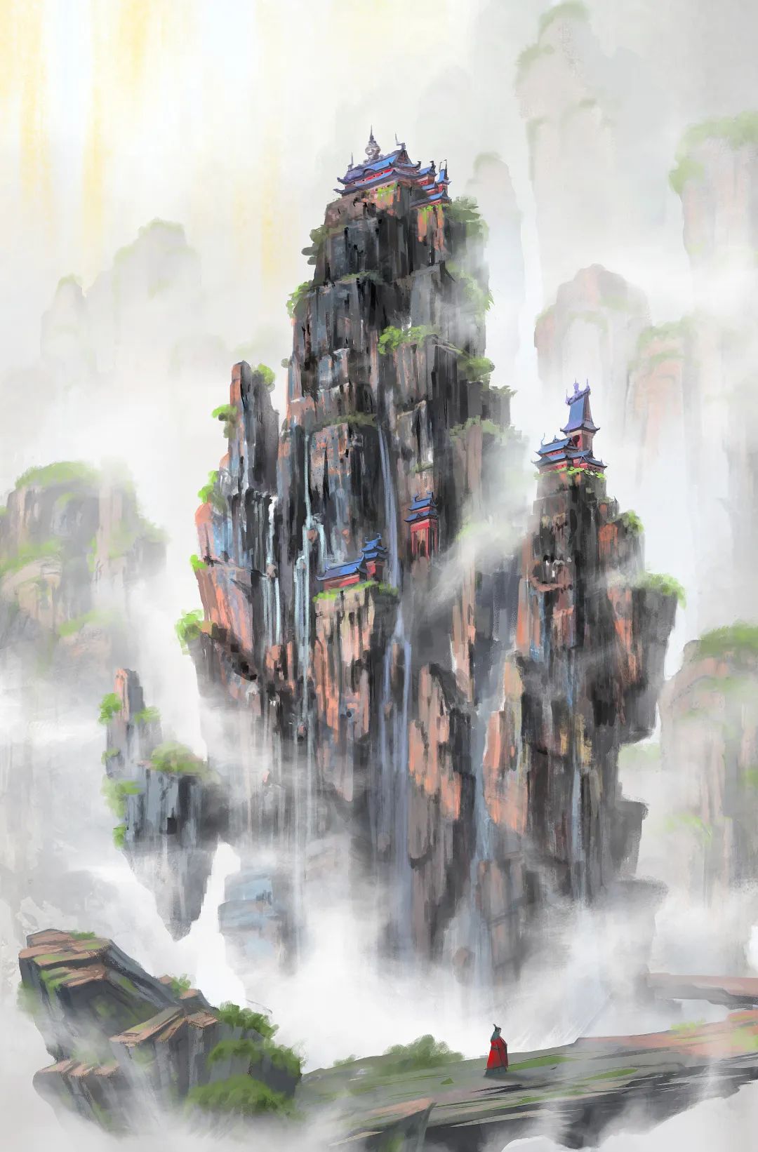 图为具有中国审美意蕴的科幻插图,①③为著名科幻插画师赵恩哲所绘制的《红岸基地日落》《云岚山》;②为青年科幻插画师绘制的《三日凌空》