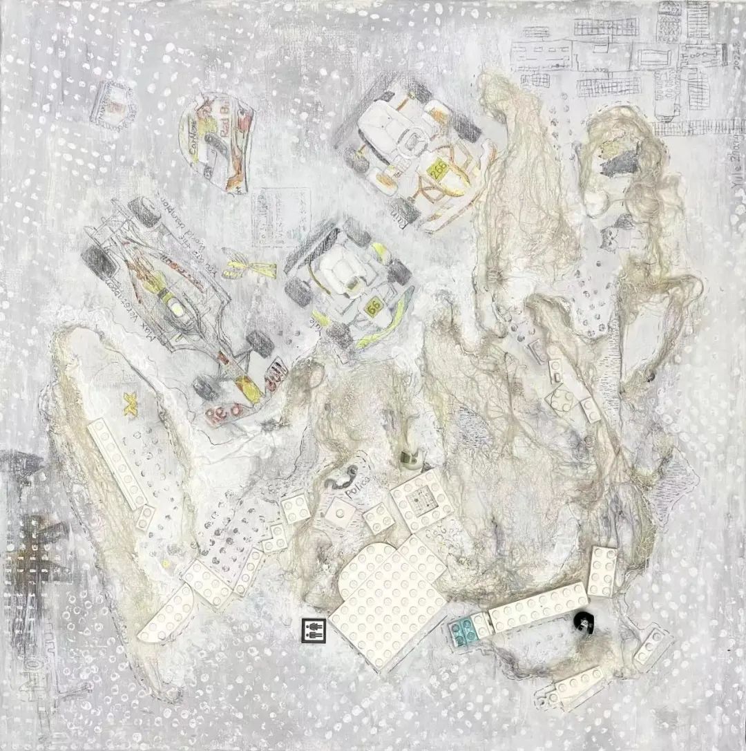 《我的世界》 作者:张容有 尺寸:50x50cm 材料:丙烯、色粉笔、综合材料 创作年龄:9岁 最具艺术奖