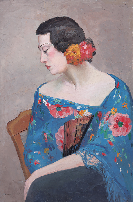 戴花执扇的女人(布面油画) 潘玉良