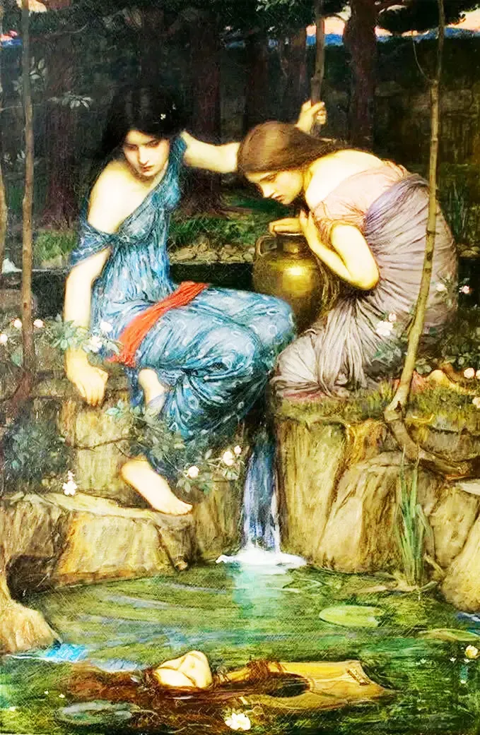 英国画家沃特豪斯的《发现俄耳甫斯头颅的仙女们》,图片来源:Bing